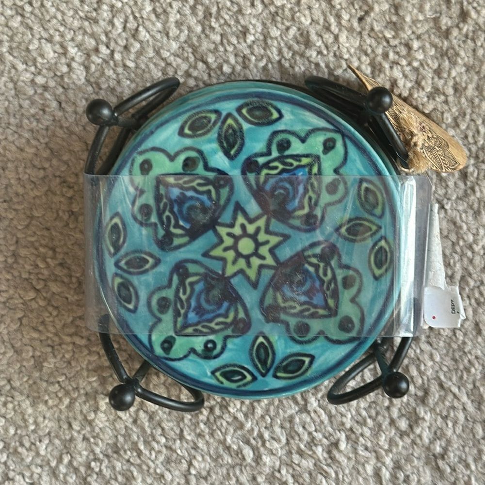 Bohemian coasters set of Four in Iron Holder!